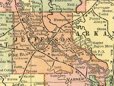 Early map of Jefferson County, Arkansas including Pine Bluff, Redfield, Sherrill, Altheimer, Wabbaseka, Tyrone
